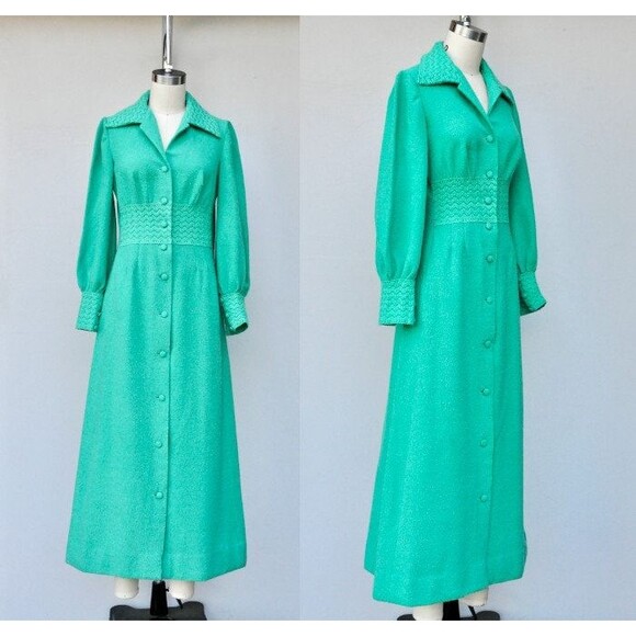 60s Green Long Robe by Hanro - Nightgown Bed Jacket - House Coat - XS - S